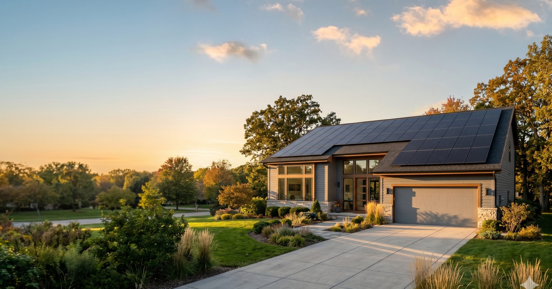 Modern Chicagoland home at golden-hour sunset with solar panels on the roof
